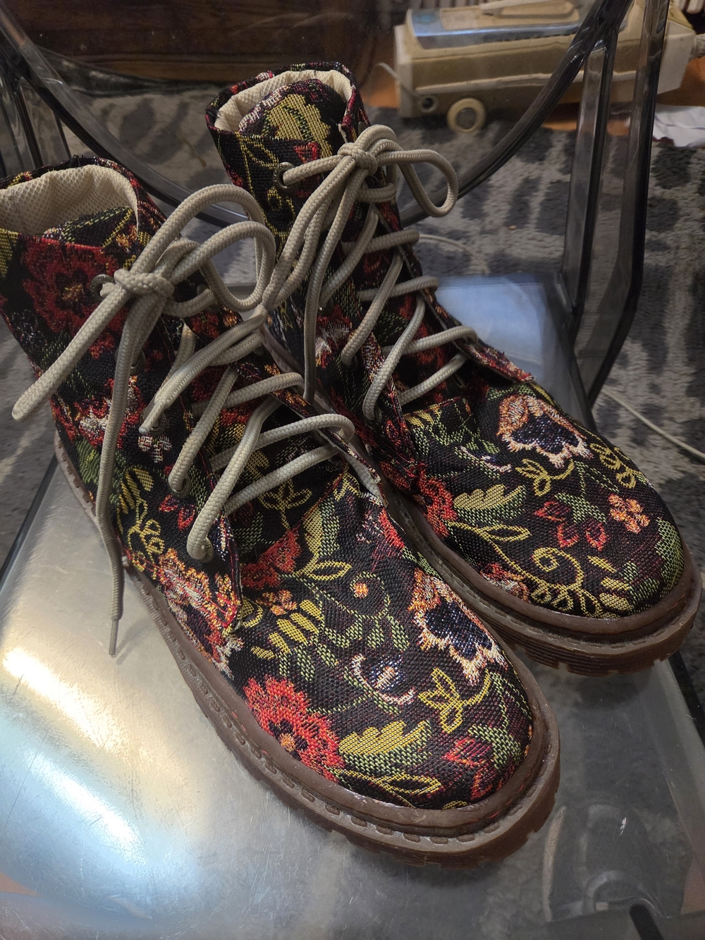 Floral Tapestry Lace-Up Ankle Boots - Black Multi